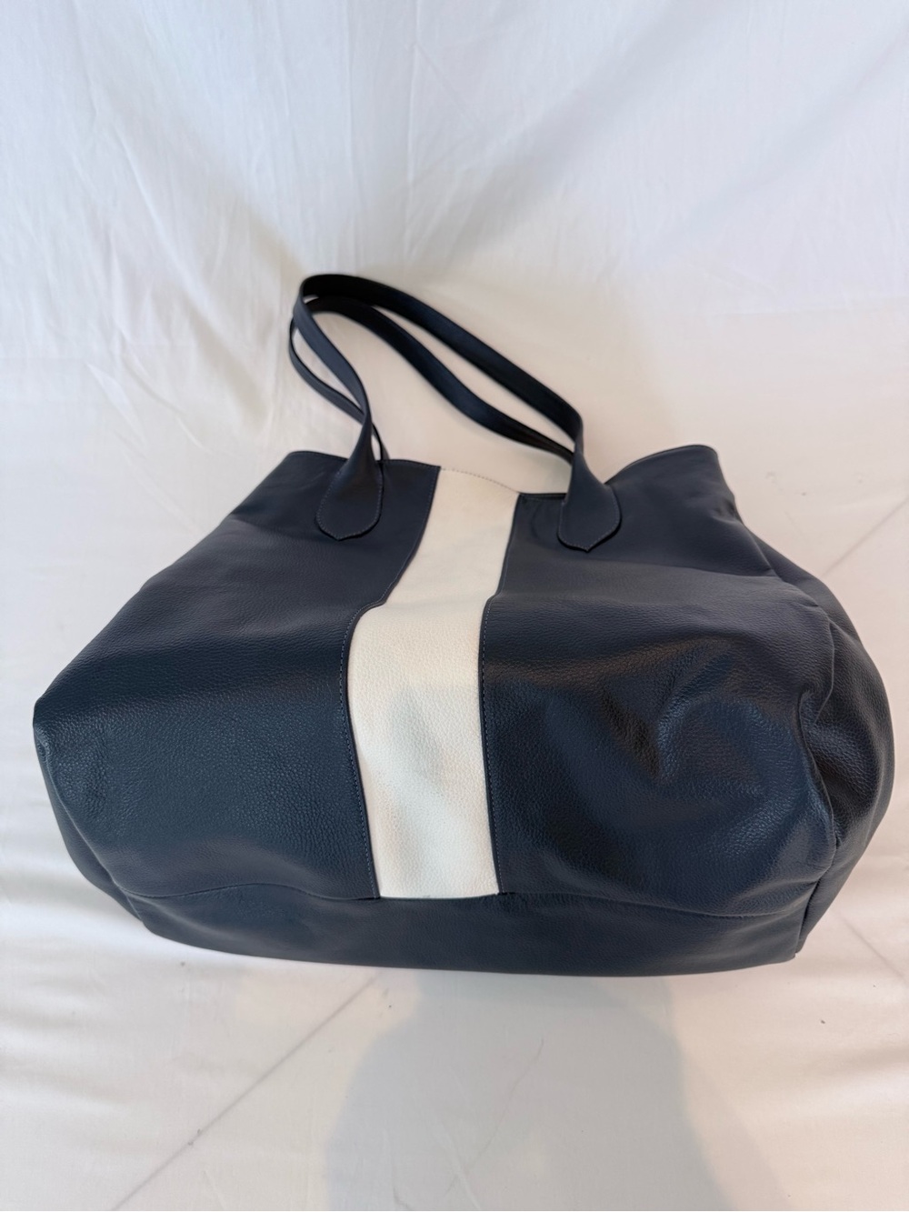 Classic Navy Tote with White Center Stripe - Women's 100%  Leather Shoulder Bag - Picture 12 of 16